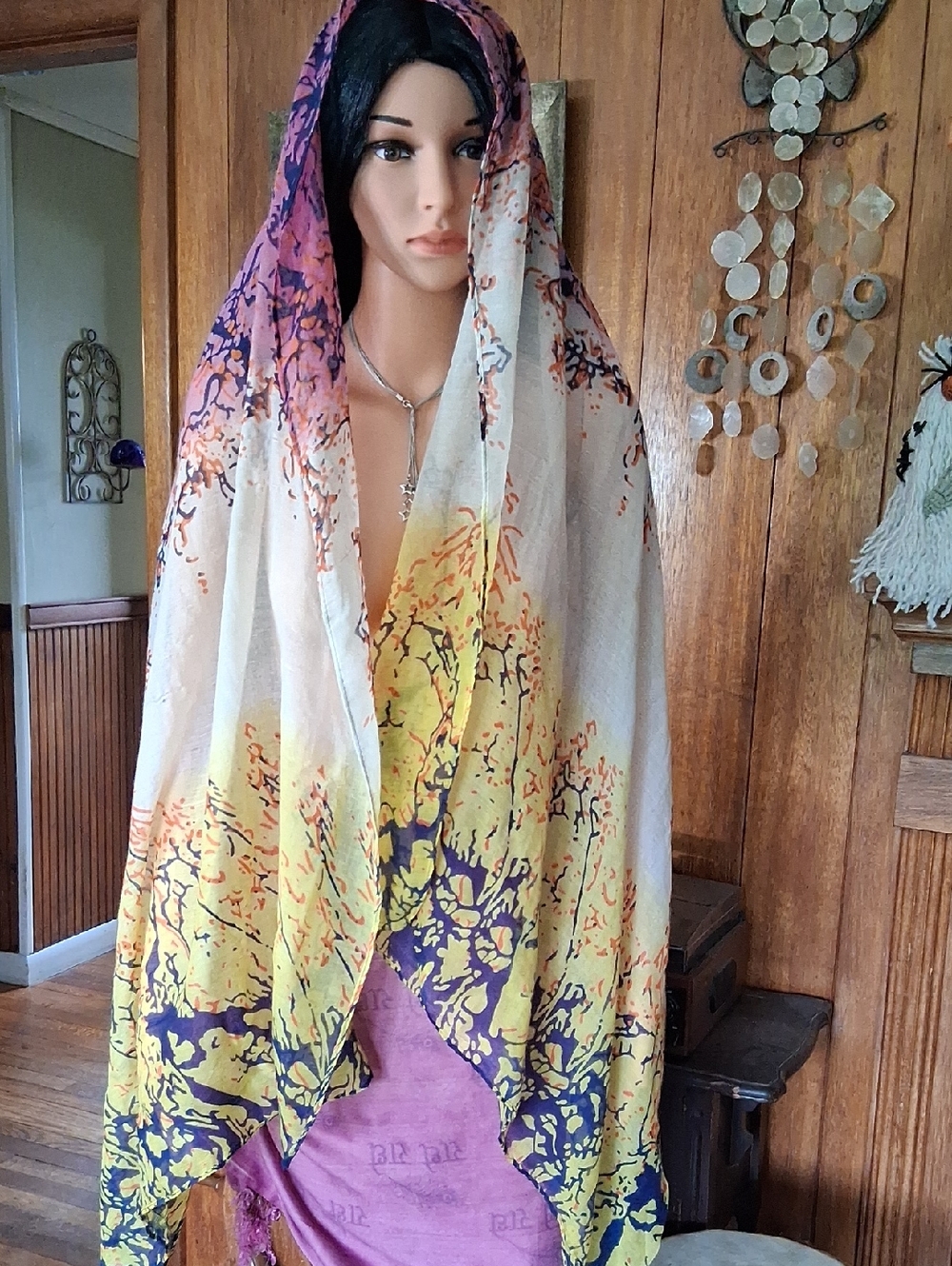 Lightweight Floral Print Shawl in Cream, Yellow & Purple